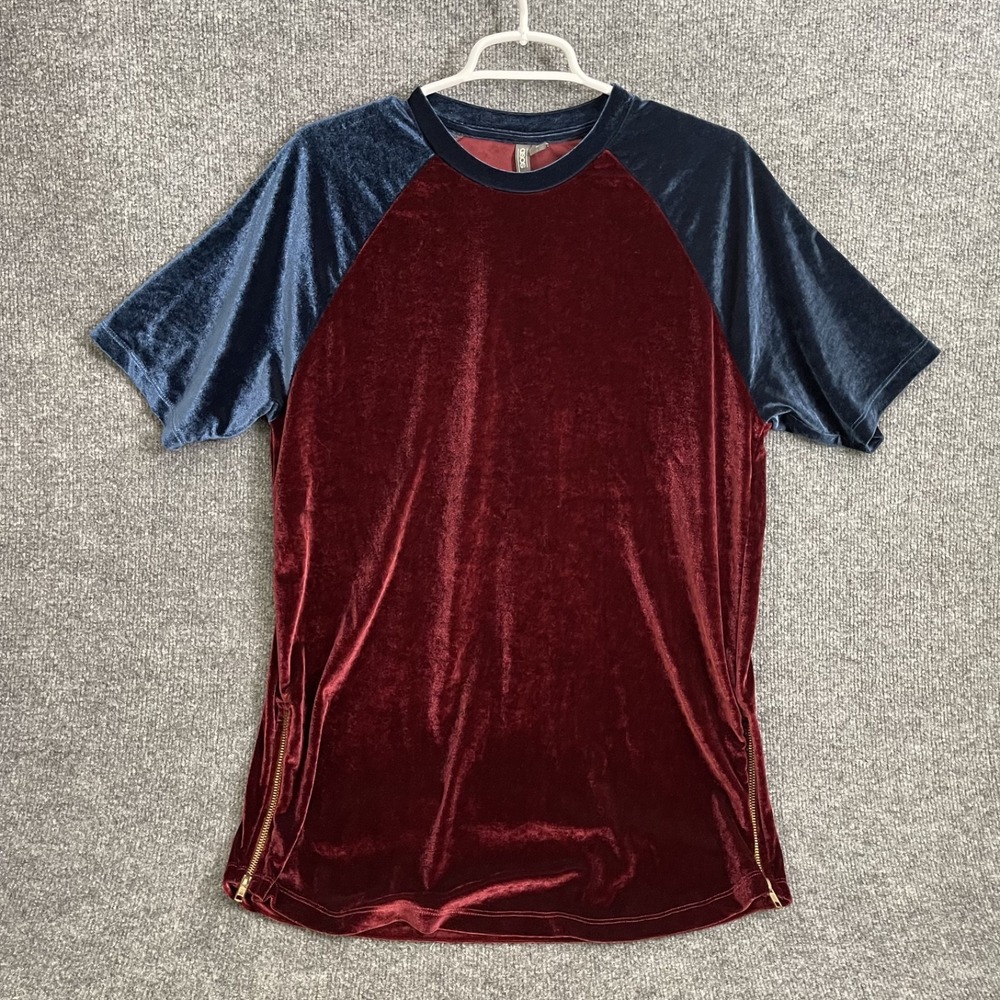 ASOS Velvet Shirt Mens Sz M Burgundy Navy Blue Velour Raglan Side Zip T-Shirt